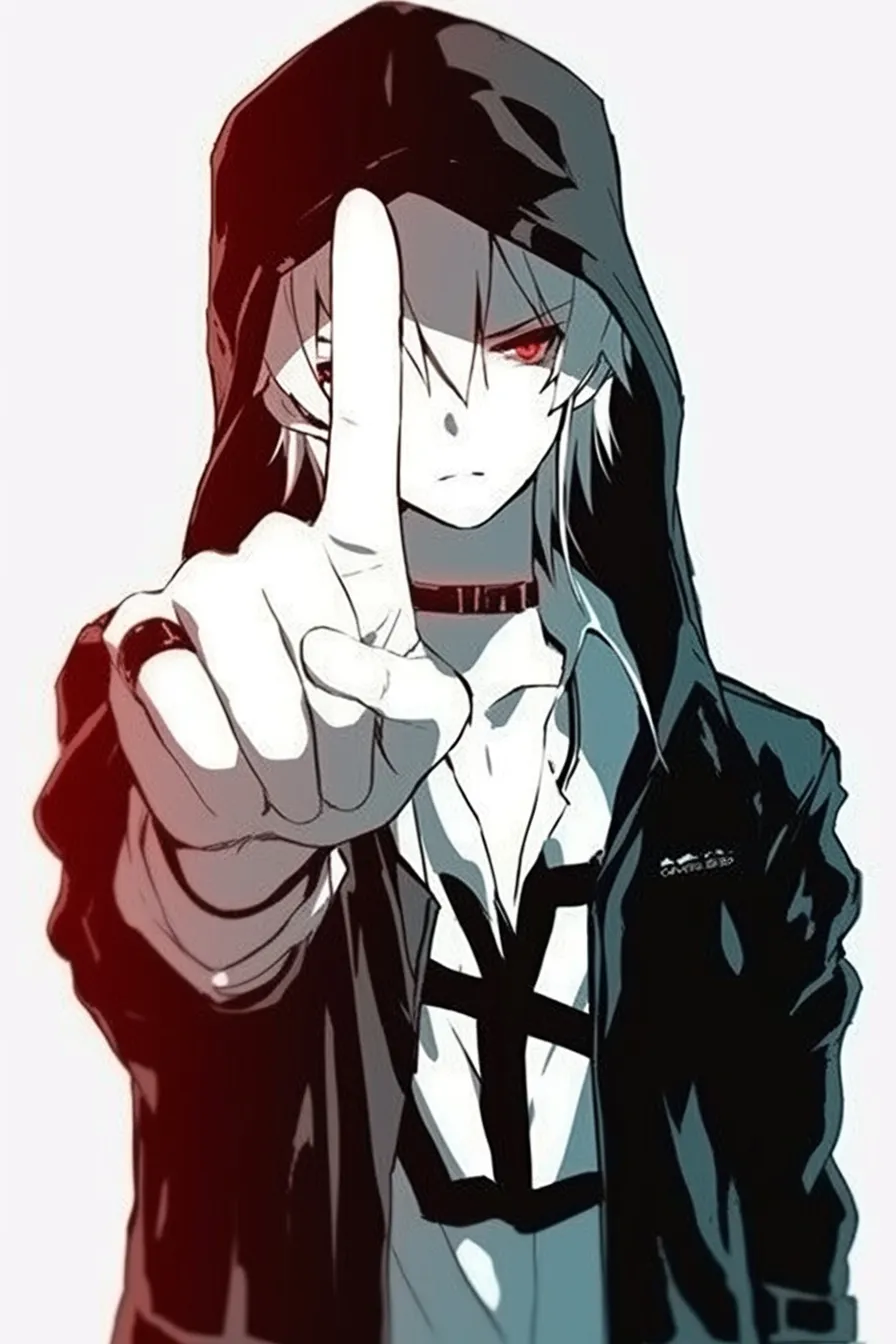 指差すフードの青年｜【基本構造】真正面で人差し指を突き出し、残りの指を折りたたむ描き方です。<br>【演出の方向性】赤い瞳やフードの演出で、威圧感や不気味さを強調し、強キャラ感を演出しています。<br>