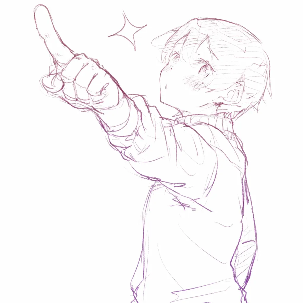 指差す少年の上向きポーズ｜【基本構造】腕を高く伸ばし、上空を指差すように描くことで、指の方向と体の動きをリンクさせています。<br>【演出の方向性】キラリとした効果を加えることで、発見や希望を感じさせる演出になっています。<br>