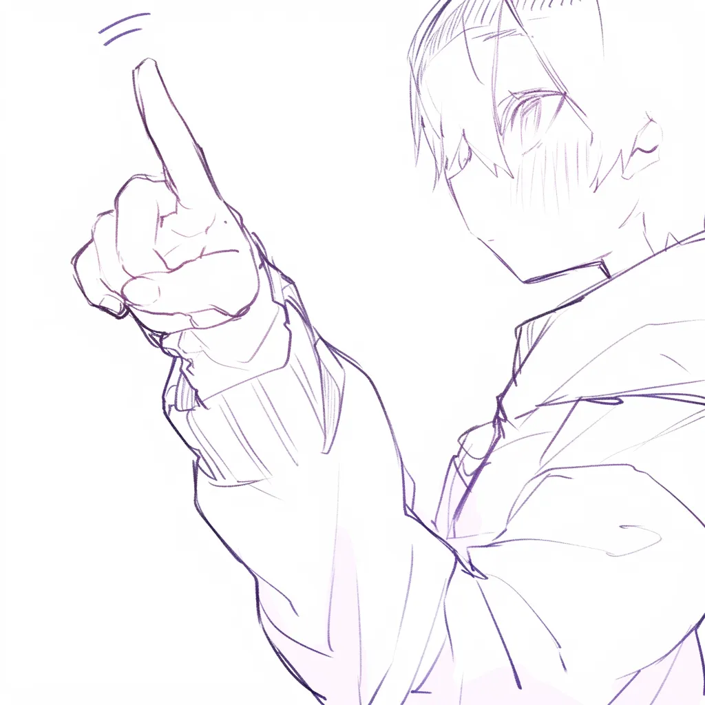 指差す少年の横向きポーズ｜【基本構造】横顔に合わせて指を前方へ突き出す描き方で、手の立体感を強調しています。<br>【演出の方向性】照れを含む表情を添えることで、真剣さと可愛らしさを同時に表現しています。<br>