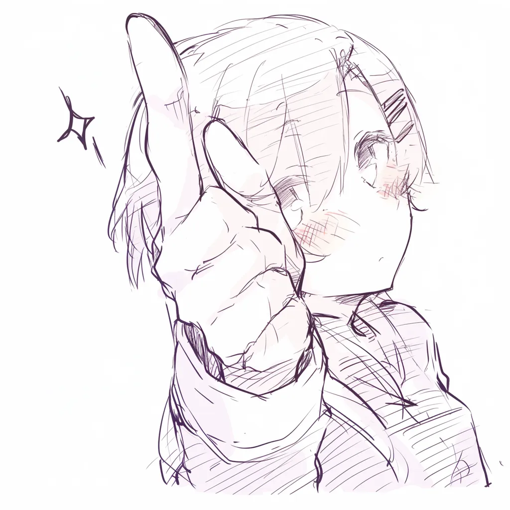 指差す少年の強調アングル｜【基本構造】手を前に大きく出し、カメラに迫るように描かれた構図です。<br>【演出の方向性】迫力のある遠近感を強調しつつ、頬の赤みで緊張感や感情をコミカルに表現しています。<br>