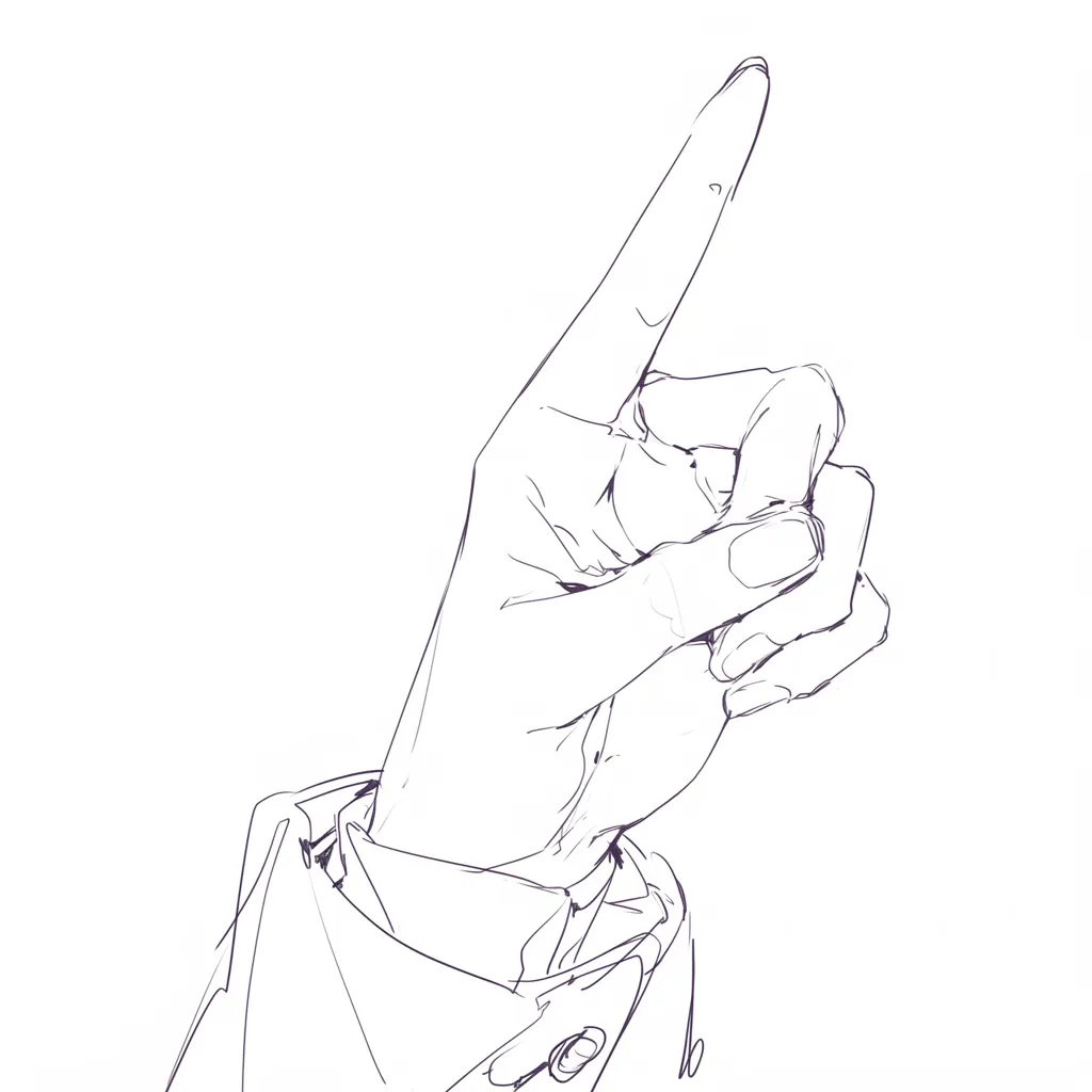 指差すの手元｜【基本構造】人差し指を真っ直ぐに伸ばし、残りの指を軽く折り曲げる描き方で、手首から先に自然な流れを持たせています。<br>【演出の方向性】指先の方向性が強調されることで、視線を導き、注意や強調の意味を持たせられます。シンプルながら説得力のある演出です。<br>