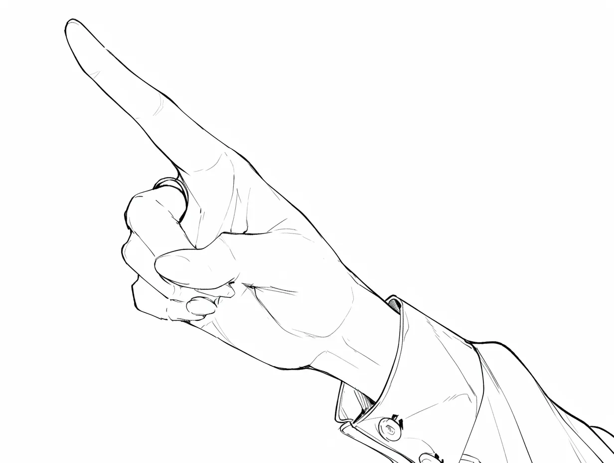 指差す横向きの手｜【基本構造】横から見た手を、指先を伸ばして描き方を整理し、手首から前腕へのラインを直線的に見せています。<br>【演出の方向性】横方向の指差しは、相手や物事を明確に指し示す印象を与え、説明や指摘の場面に適した演出になります。<br>