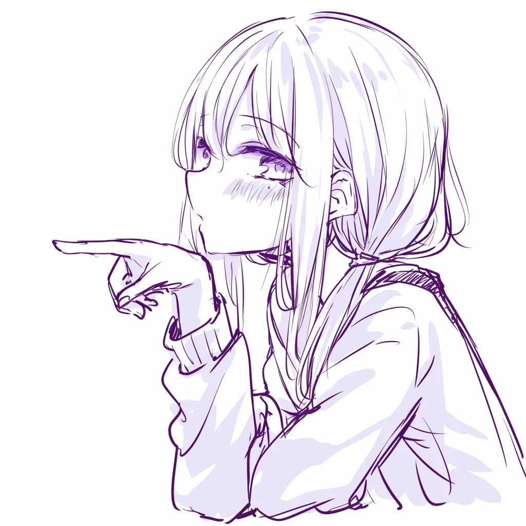 指差す女の子｜【基本構造】頬を軽く膨らませ、顔の横で指を差す描き方で、肩の傾きや髪の流れが可愛らしさを支えています。<br>【演出の方向性】指差し自体が子供っぽさや無邪気さを強調し、表情と相まってからかいや甘えのニュアンスを演出します。<br>