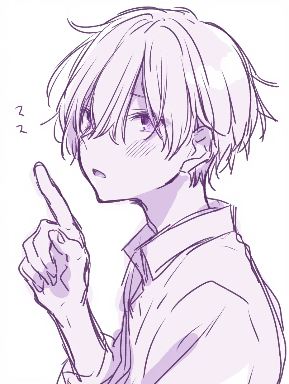 指差す男の子｜【基本構造】顔をやや斜めにしながら、胸元の高さで指を立てる描き方で、肩から肘までの自然な角度を保っています。<br>【演出の方向性】やわらかな視線と合わせることで、断定的というよりも軽い主張や確認の印象を与える演出です。<br>