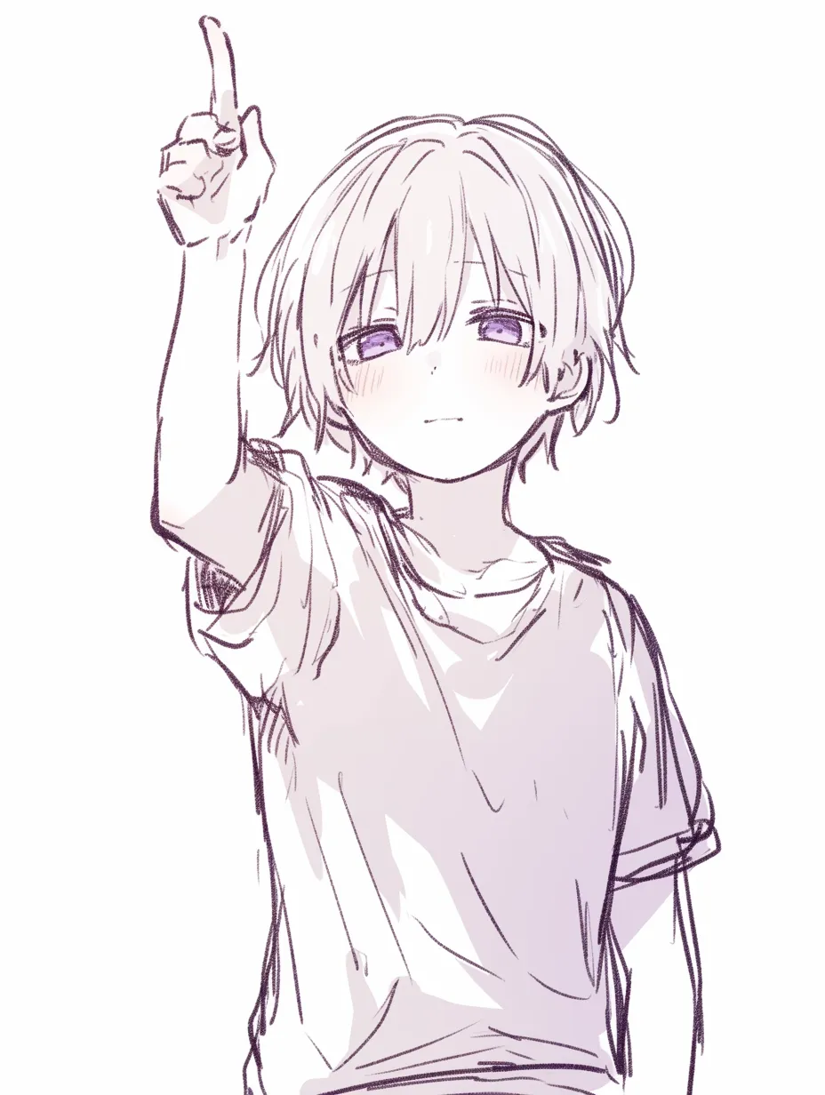 指差す少年｜【基本構造】正面に立つ姿で腕を高く上げ、指を伸ばす描き方で、全身のバランスと視線の高さがリンクしています。<br>【演出の方向性】高い位置への指差しは、希望や主張、何かを見上げる導きとして表現され、純粋さや前向きさを伝える演出になります。<br>