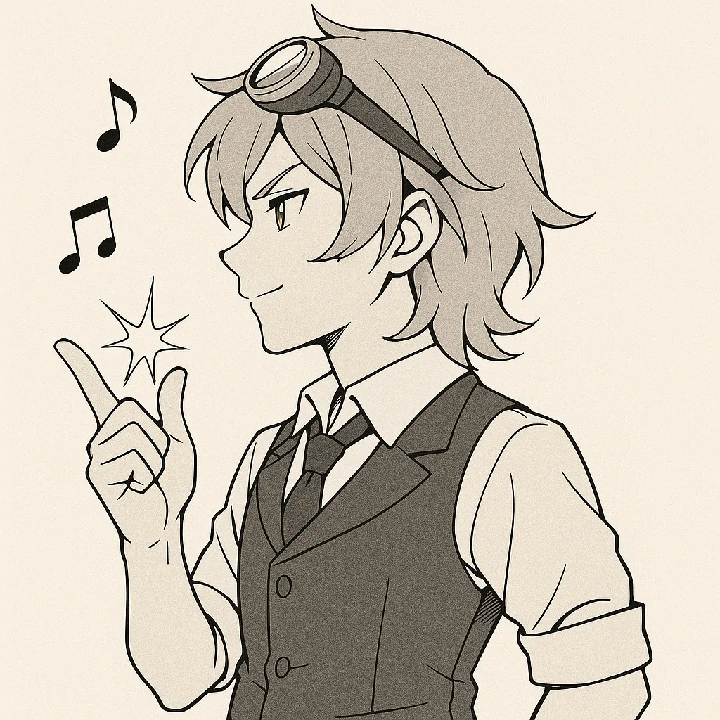 指パッチンの音符｜【基本構造】横顔の構図で胸の横に手を上げ、指を鳴らす描き方で、肩の力を抜いた姿勢が特徴です。<br>【演出の方向性】音符や効果線を添えることで、軽快さや遊び心を演出し、リズム感のある快活な印象を与えます。<br>