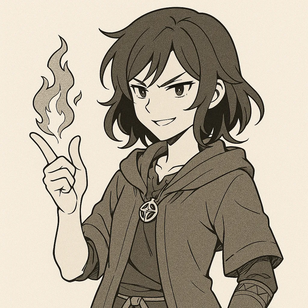 指パッチンの炎｜【基本構造】腰から胸の高さで手を上げ、親指と中指を擦り合わせる描き方で、前傾気味の姿勢に鋭い目線を合わせています。<br>【演出の方向性】指先に炎を宿すことで力の象徴を際立たせ、挑戦的な表情とあわせて自信や支配力を強調しています。<br>