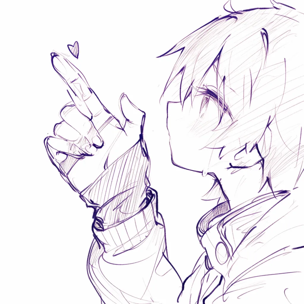 指パッチンのハート｜【基本構造】斜め横顔で指を立て、親指と中指の形を強調する描き方で、首から肩にかけてのラインは柔らかく構成されています。<br>【演出の方向性】指先に小さなハートを描き足すことで、甘さや可愛らしさを演出し、軽やかな愛情表現として機能します。<br>