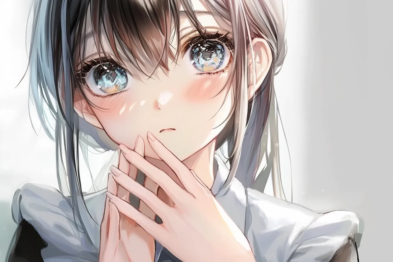 指を組む少女の不安｜【基本構造】胸元で両手の指を軽く組み、視線を少し伏せる描き方で、肩や首の力が抜けた姿勢になっています。<br>【演出の方向性】大きな瞳と赤らんだ頬が緊張や戸惑いを伝え、繊細で守りたくなる印象を強調しています。<br>