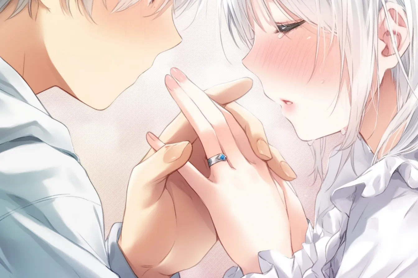 指を組む恋人同士｜【基本構造】二人の手を重ね合わせ、指を絡ませる描き方で、顔を近づけた横顔構図を採用しています。<br>【演出の方向性】赤く染まった頬や潤んだ目元が感情の高まりを示し、愛情と絆を象徴する親密な雰囲気を演出します。<br>