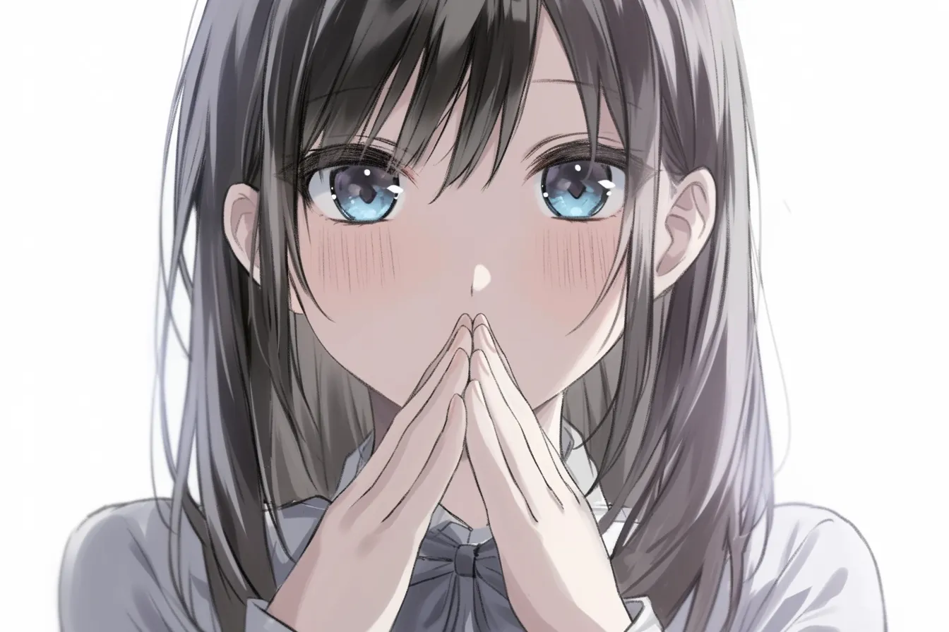 指を組む正面の少女｜【基本構造】胸の前で手を組み、指先をきちんと揃える描き方で、姿勢は正面を強調しています。<br>【演出の方向性】口元を閉じ、瞳に赤みを乗せることで、内気さや恥じらいを強調し、清楚な印象を生み出します。<br>