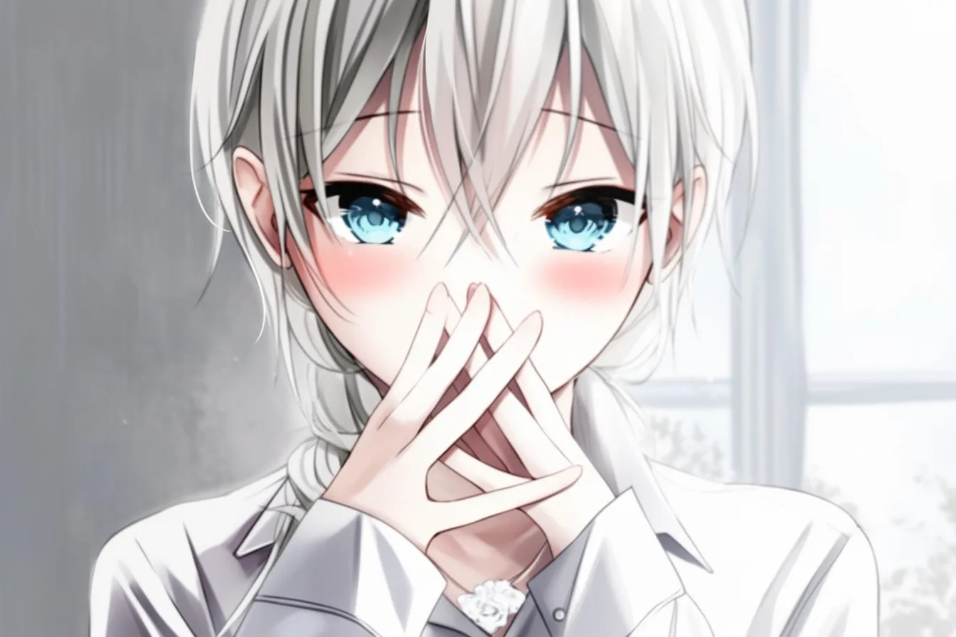 指を組む白髪の少女｜【基本構造】両手を胸元に寄せ、指を絡めながら少し顔を傾ける描き方で、髪型や衣服の白さが背景と調和しています。<br>【演出の方向性】頬を大きく赤らめることで感情を強調し、弱さや切なさを含んだ儚げな雰囲気を作り出します。<br>