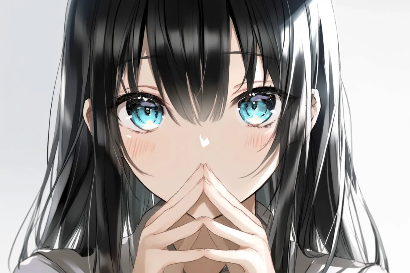 指を組む黒髪の少女｜【基本構造】両手を揃えて口元に寄せ、指を三角形に組み合わせる描き方で、正面からの視線を受け止める構図です。<br>【演出の方向性】大きな瞳と赤みを帯びた表情が視線を強調し、控えめながらも真剣な気持ちを伝える演出になります。<br>