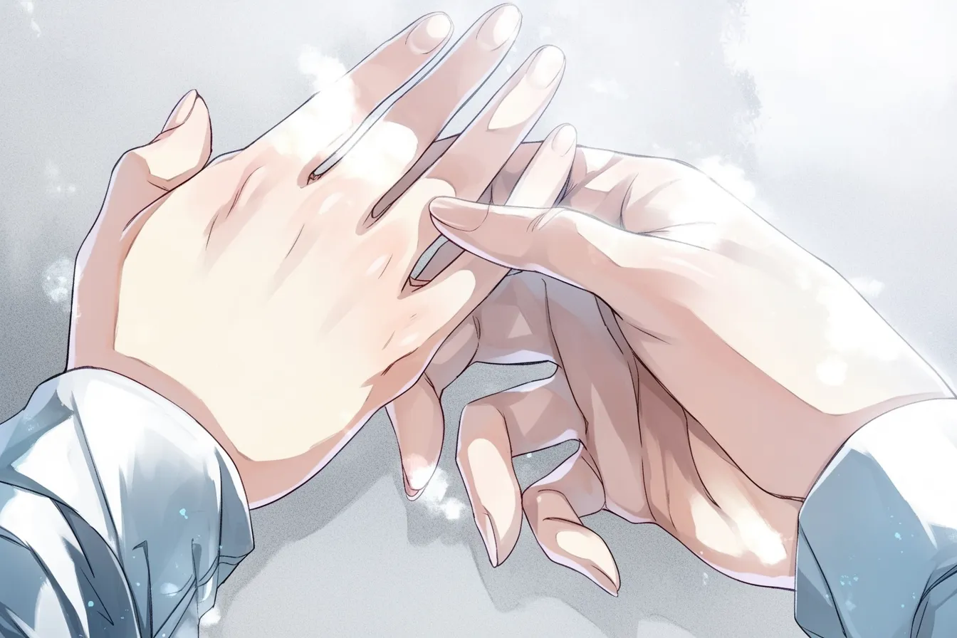 指を組む手元｜【基本構造】二人の手だけを大きく描き、片方の手が優しく相手の指を包み込む描き方で、構図は接触の瞬間に集中しています。<br>【演出の方向性】光沢のある塗りで柔らかさを表現し、穏やかな温もりや安心感を伝える演出になっています。<br>