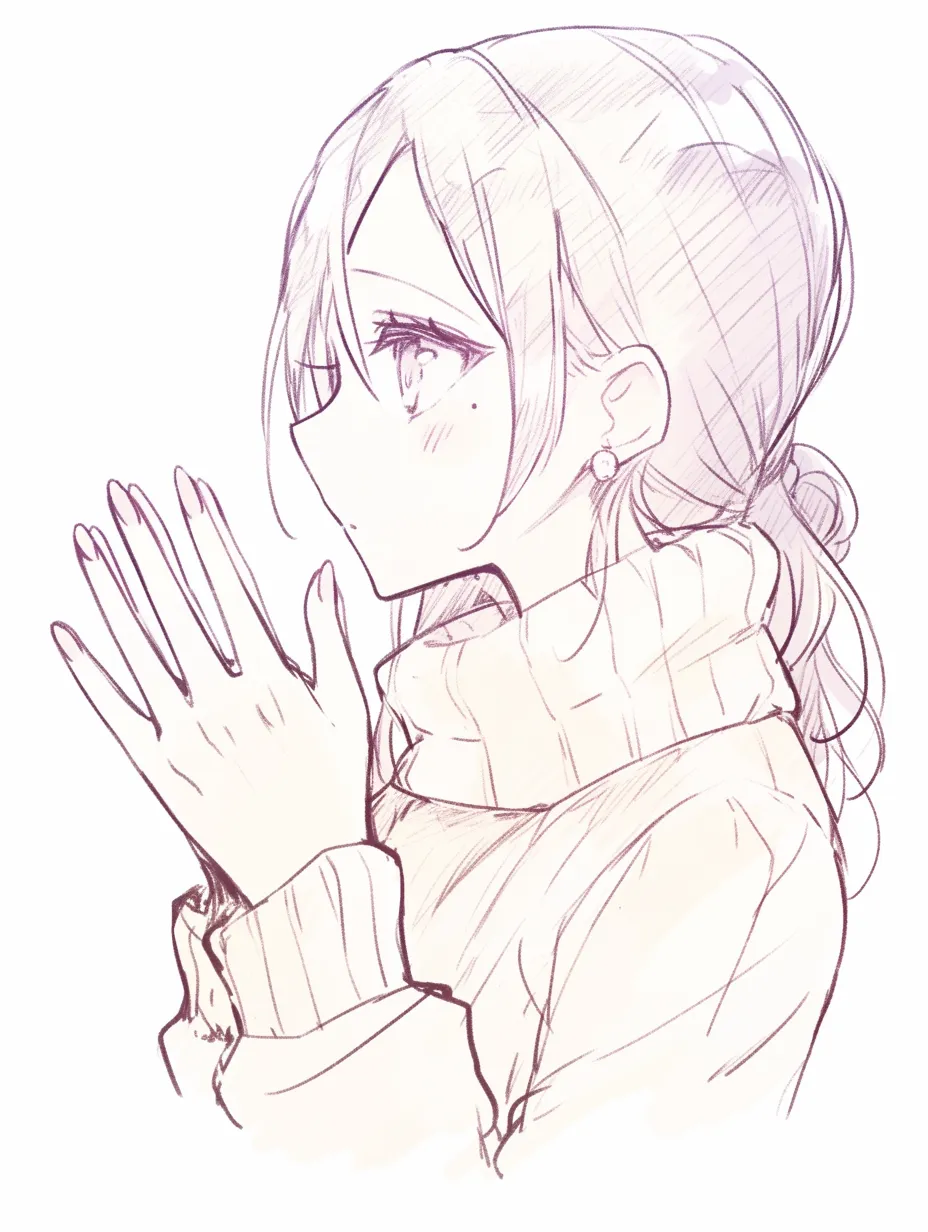 爪を見せる横顔の女性｜【基本構造】横顔で両手を胸元に寄せ、指を揃えた描き方で、長い爪を自然に強調しています。<br>【演出の方向性】控えめな仕草に爪の存在感を重ねることで、女性らしさや上品な雰囲気を演出しています。<br>