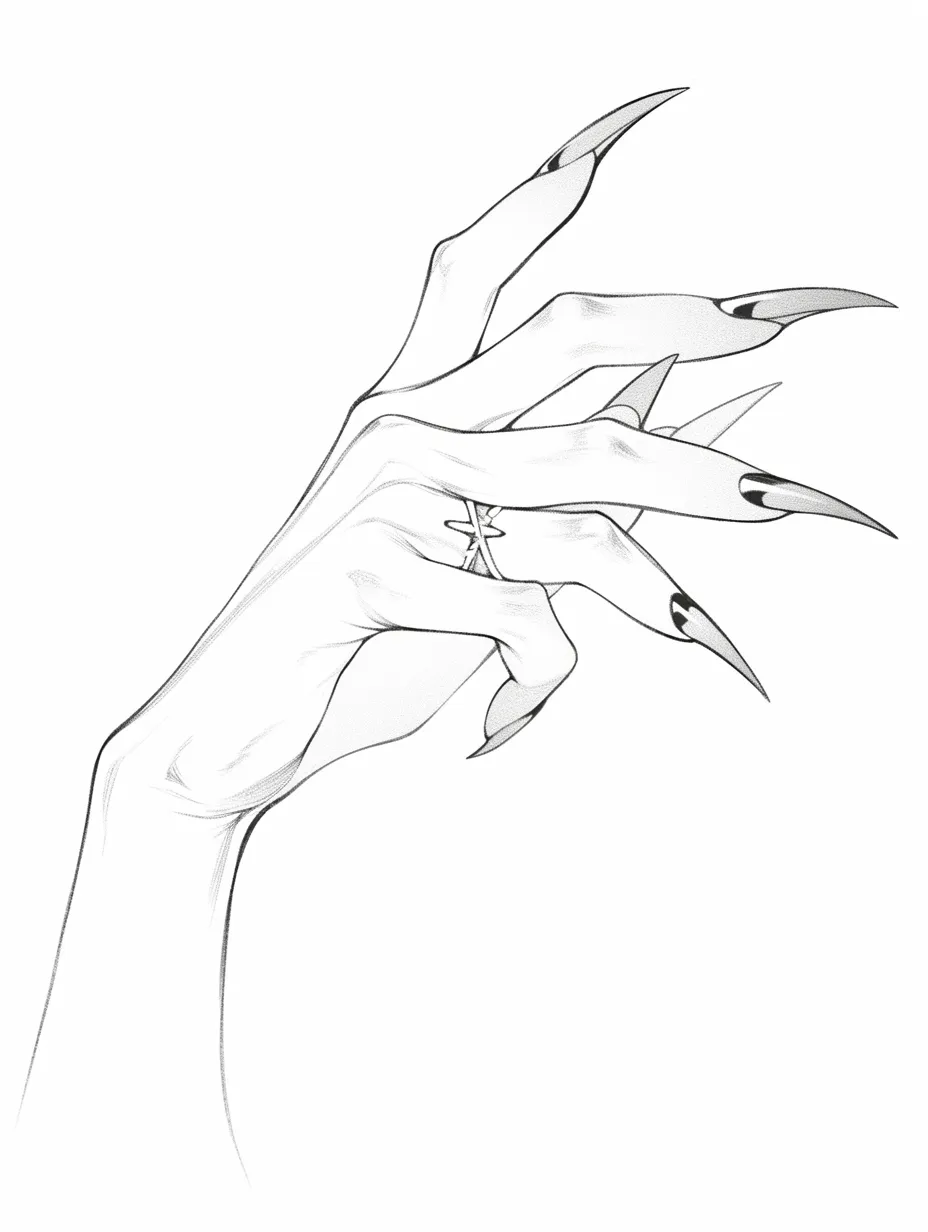 爪を立てる怪しい手｜【基本構造】長く鋭い爪を広げる描き方で、指の関節を誇張し、手の甲から手首まで細長く描写しています。<br>【演出の方向性】尖った爪と不自然な角度により、妖しさや恐怖感を強調し、怪物的な印象を与えます。<br>