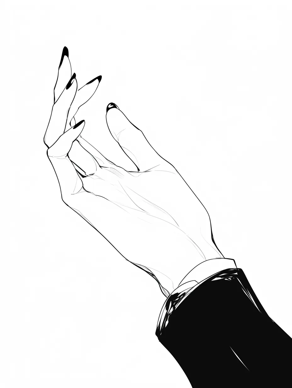 爪を整えた黒い手｜【基本構造】手の甲を見せつつ指を軽く広げる描き方で、爪先を黒く塗り強調しています。<br>【演出の方向性】シンプルながらも爪の黒がアクセントとなり、モード感や洗練された大人っぽさを演出します。<br>