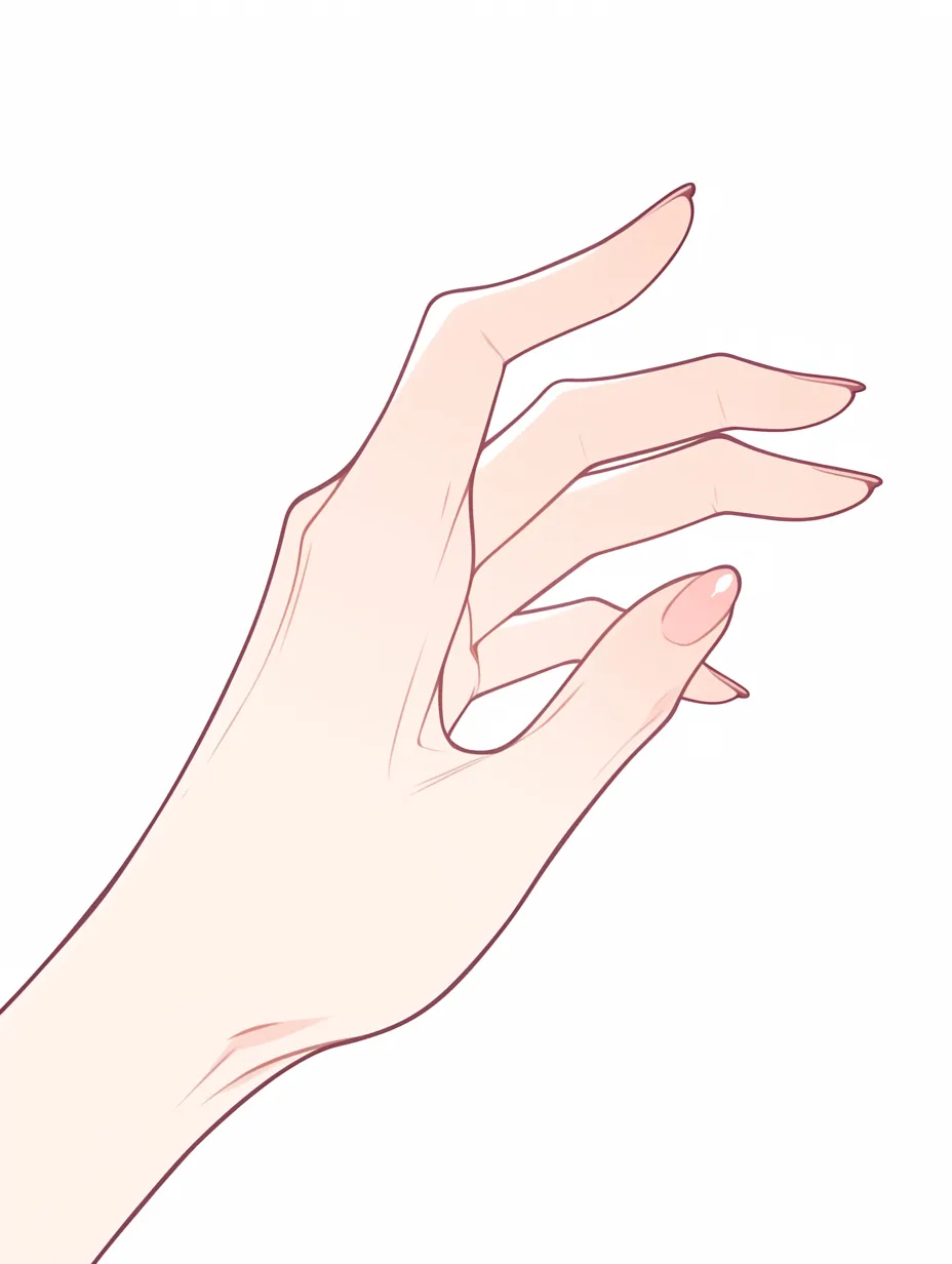 ネイル爪の横向き手｜【基本構造】手の甲を見せながら指を軽く曲げる描き方で、爪先を細く長く整えています。<br>【演出の方向性】爪の色味を強調することで上品さや女性らしさを引き立て、洗練された雰囲気を演出します。<br>