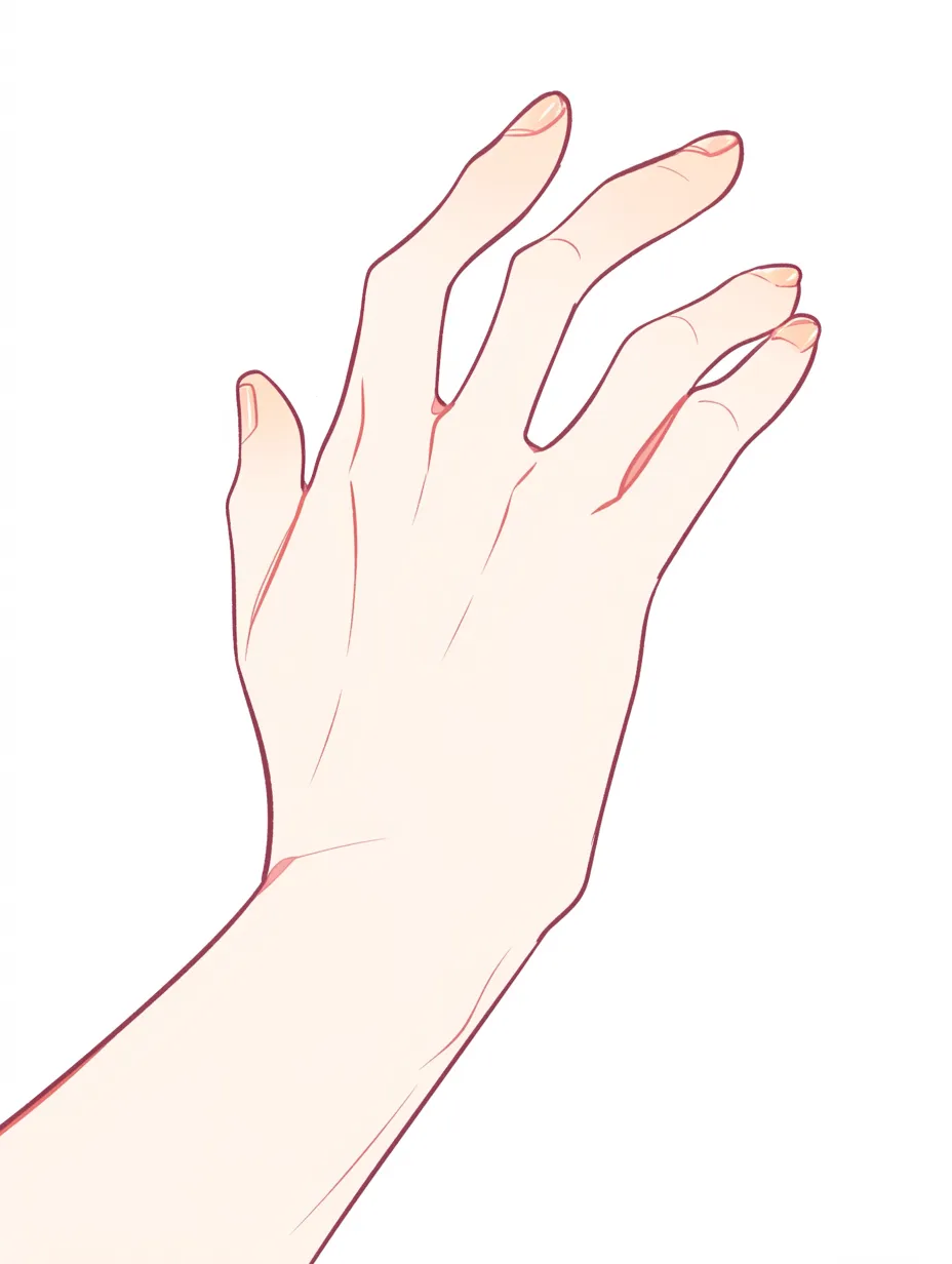 ネイル爪の手の甲｜【基本構造】手の甲を全面に見せ、指を伸ばした描き方で、爪の自然な形を示しています。<br>【演出の方向性】爪先に控えめな彩色を加えることで、シンプルながら清潔感と自然体の美しさを表現しています。<br>