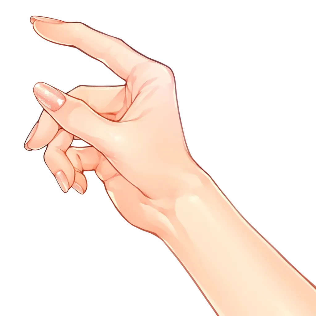 ネイル爪の光沢｜【基本構造】手をひねり、親指と人差し指を軽く交差させる描き方で、爪に光沢をのせています。<br>【演出の方向性】艶感のあるネイルを描写することで華やかさを強調し、ラグジュアリーな印象を与えます。<br>