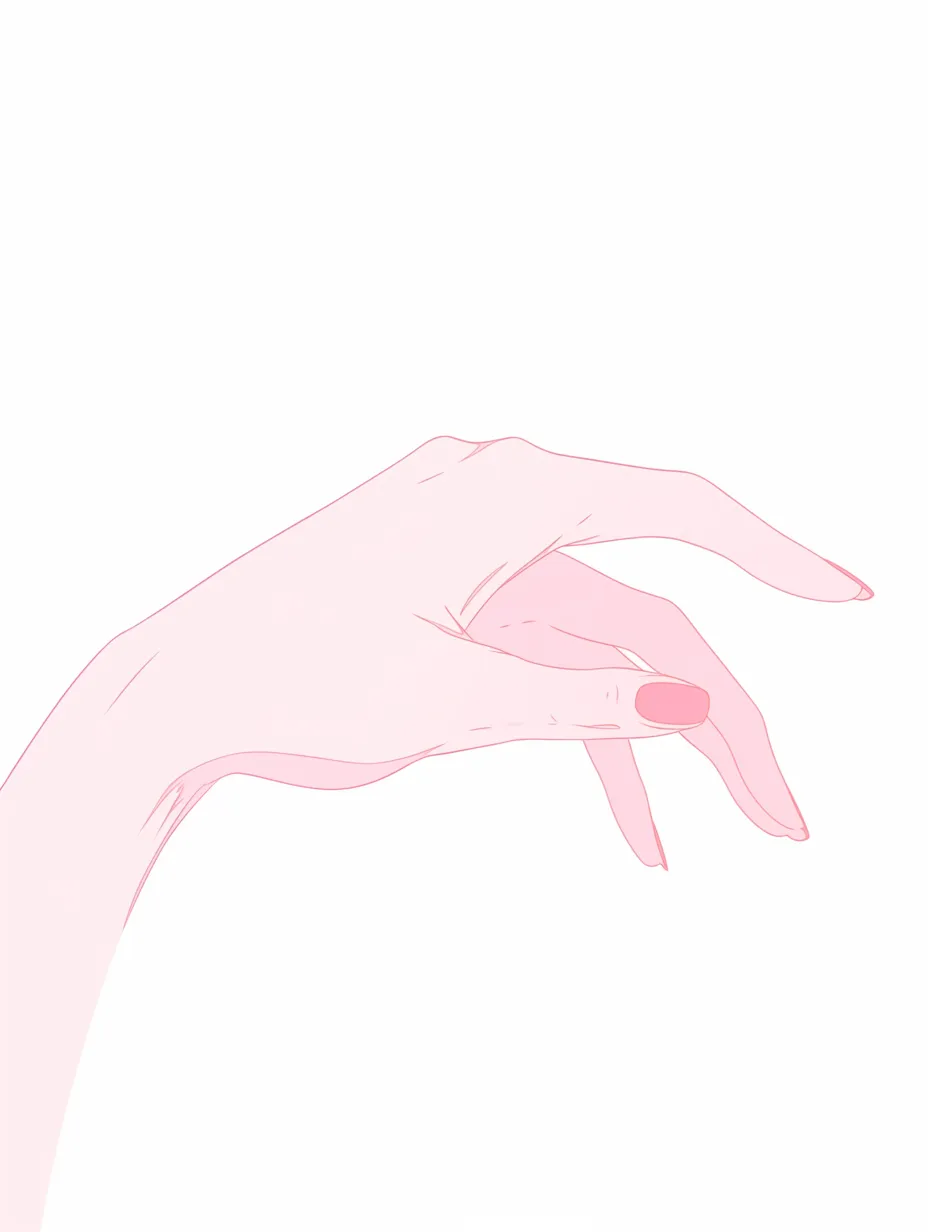 ネイル爪の柔らかな手｜【基本構造】手を軽くひねり、指を緩やかに曲げる描き方で、爪に丸みを持たせています。<br>【演出の方向性】柔らかなピンクのネイルを添えることで、可愛らしさや優しげな雰囲気を演出しています。<br>