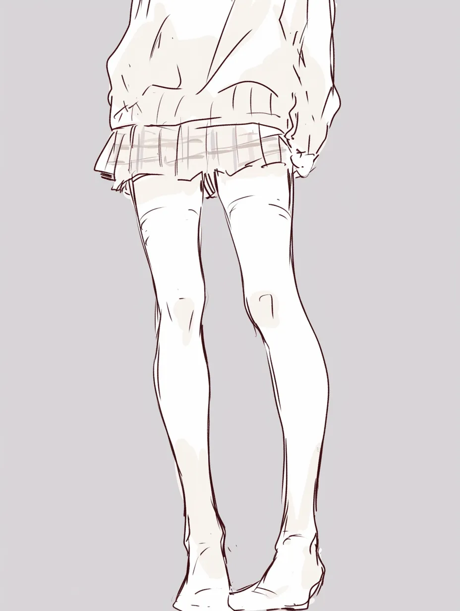 女の子の下半身（スカートとニーハイ）｜【基本構造】ルーズなセーターと短いスカートを組み合わせ、脚線美を強調する描き方です。膝から下にかけて自然な曲線を意識しています。<br>【演出の方向性】ニーハイソックスとの境界が視線を引きつけ、可愛らしさと健康的な色気を両立させています。<br>