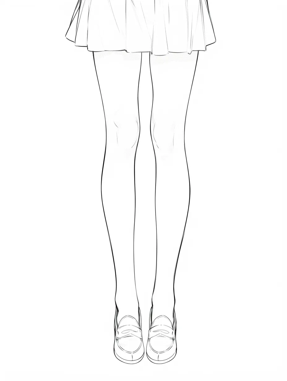 女の子の下半身（正面立ち）｜【基本構造】スカートとローファーを組み合わせ、膝を揃えてまっすぐ立つ描き方です。重心は安定感を持たせています。<br>【演出の方向性】制服らしさを強調し、清楚で素直な雰囲気を演出しています。<br>