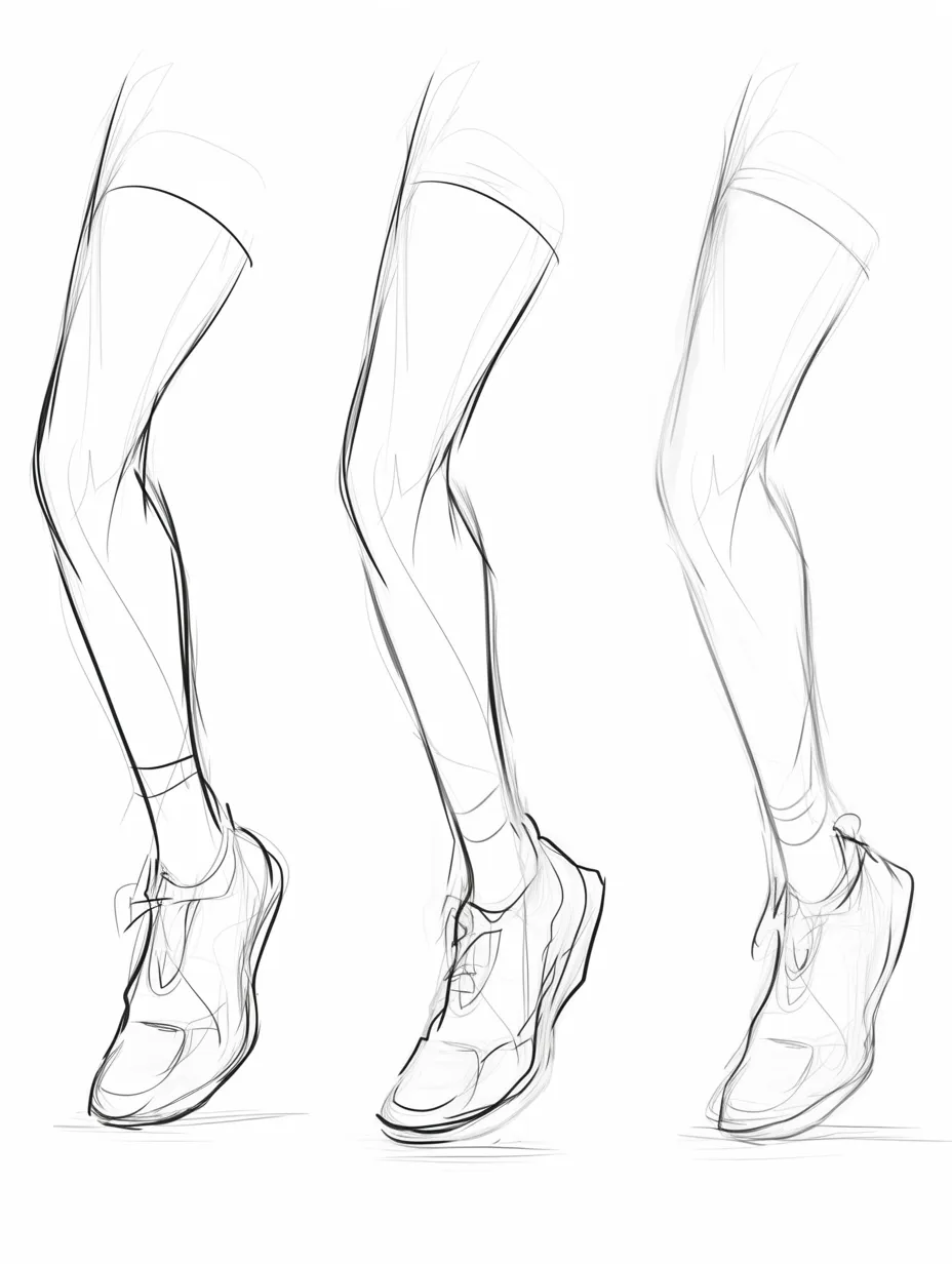 女の子の下半身（運動靴で走る足）｜【基本構造】ランニングポーズを段階的に描く描き方で、膝の屈伸とつま先の向きを強調しています。<br>【演出の方向性】スポーティーでエネルギッシュな印象を与え、スピード感と活発さを演出しています。<br>