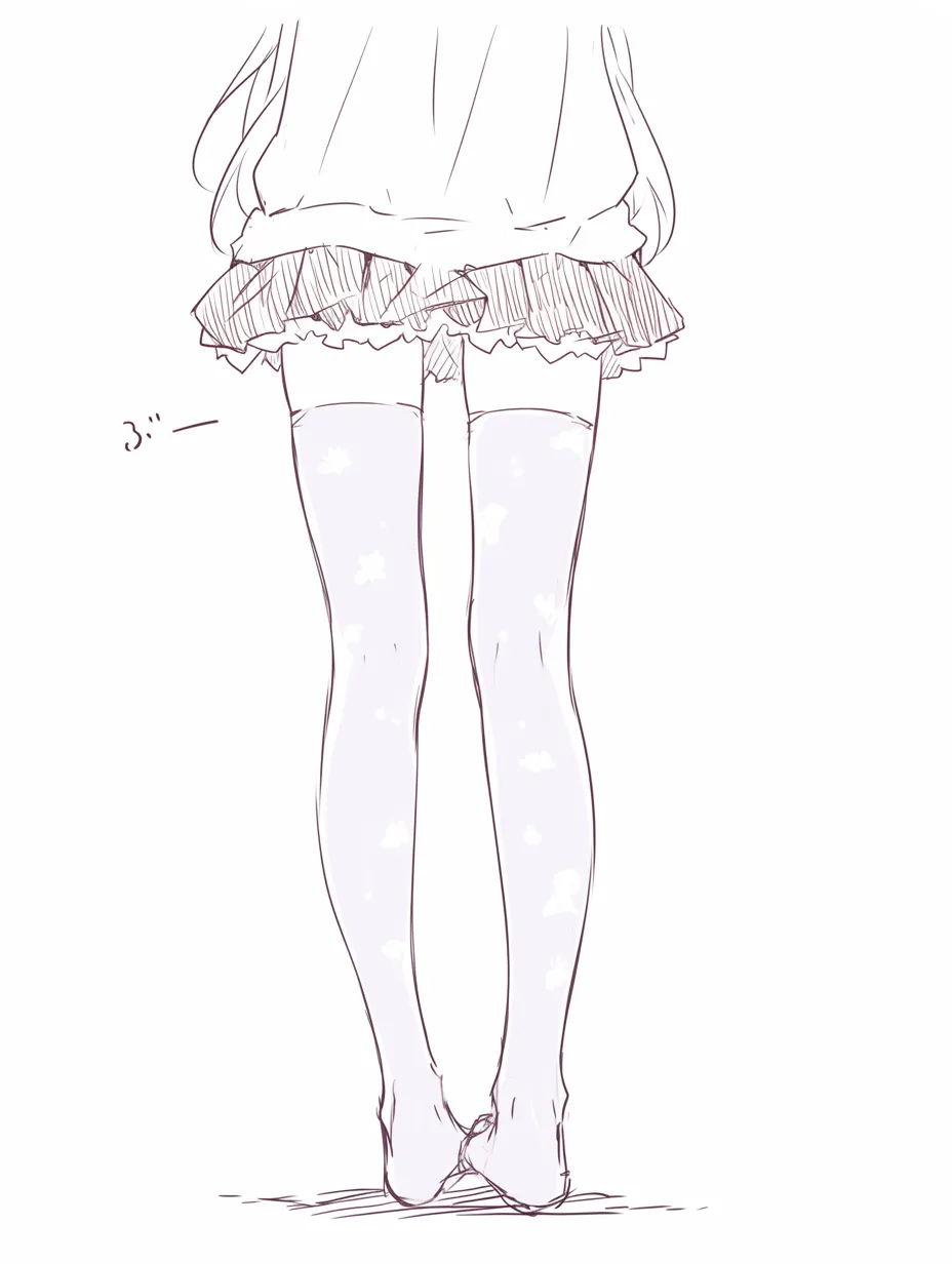 女の子の下半身（タイツとスカート）｜【基本構造】背面からのアングルで、薄いタイツに包まれた脚を描き、膝下を細長く表現しています。<br>【演出の方向性】タイツの透け感と脚線美を強調し、上品さと可愛らしさを兼ね備えた演出になります。<br>