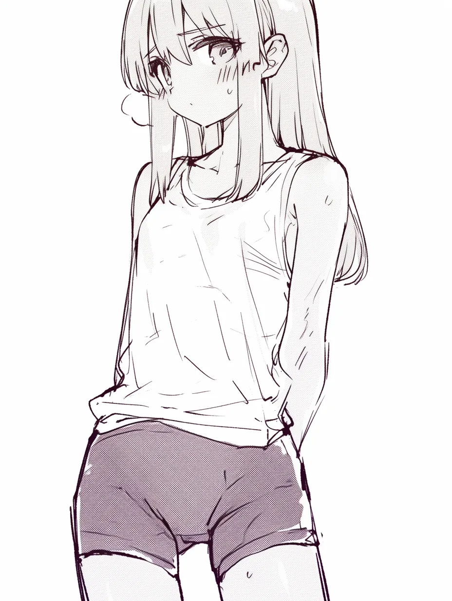 女の子の股②｜【基本構造】腰骨の位置を意識しつつ、ショートパンツで股の立体感を描き方に反映させています。太腿との境界をやや強調し、安定した立ち姿を表現しています。<br>【演出の方向性】シワとトーンを多用して質感を出し、汗や緊張感を想起させる雰囲気を加えています。<br>