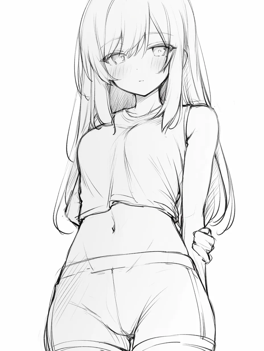女の子の股③｜【基本構造】腰のひねりを取り入れ、片腕を後ろに回すことで股周りに自然な引き締まりを描き方に取り込んでいます。太腿の筋肉線を緩やかに配置し、立体感を増しています。<br>【演出の方向性】恥じらう視線と合わせて股のラインをさりげなく引き立たせ、清楚でありながら柔らかな魅力を醸し出しています。<br>