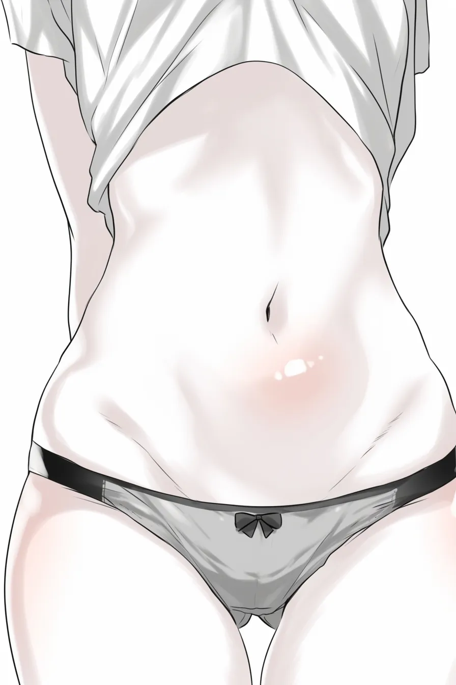 女の子の股⑤｜【基本構造】股間に焦点を当て、腰から太腿の付け根を密接に描き方に落とし込み、下着のリボンをアクセントとしています。<br>【演出の方向性】光沢と淡い赤みを追加し、シンプルながらも官能性を感じさせる視覚的効果を狙っています。<br>