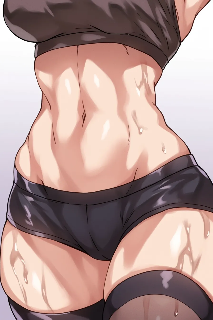 女の子の股⑦｜【基本構造】筋肉の起伏を強調し、股から太腿にかけてのラインを描き方として立体的に仕上げています。腹部のカーブと股の位置関係を力強く整理しています。<br>【演出の方向性】汗や光沢を増やすことでスポーティーで引き締まった雰囲気を出し、鍛えられた女性像を演出しています。<br>