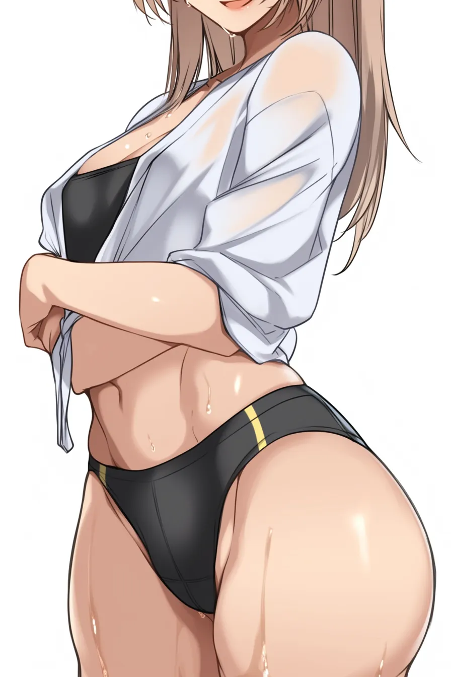 女の子の股⑧｜【基本構造】腰から腿の流れを大胆に描き方で表現し、シャツの裾と下着のラインを自然に組み合わせています。股周辺の立体感を光で際立たせています。<br>【演出の方向性】肌の水滴と柔らかな布のコントラストで、動きのある生活感と健康的な色気を表しています。<br>