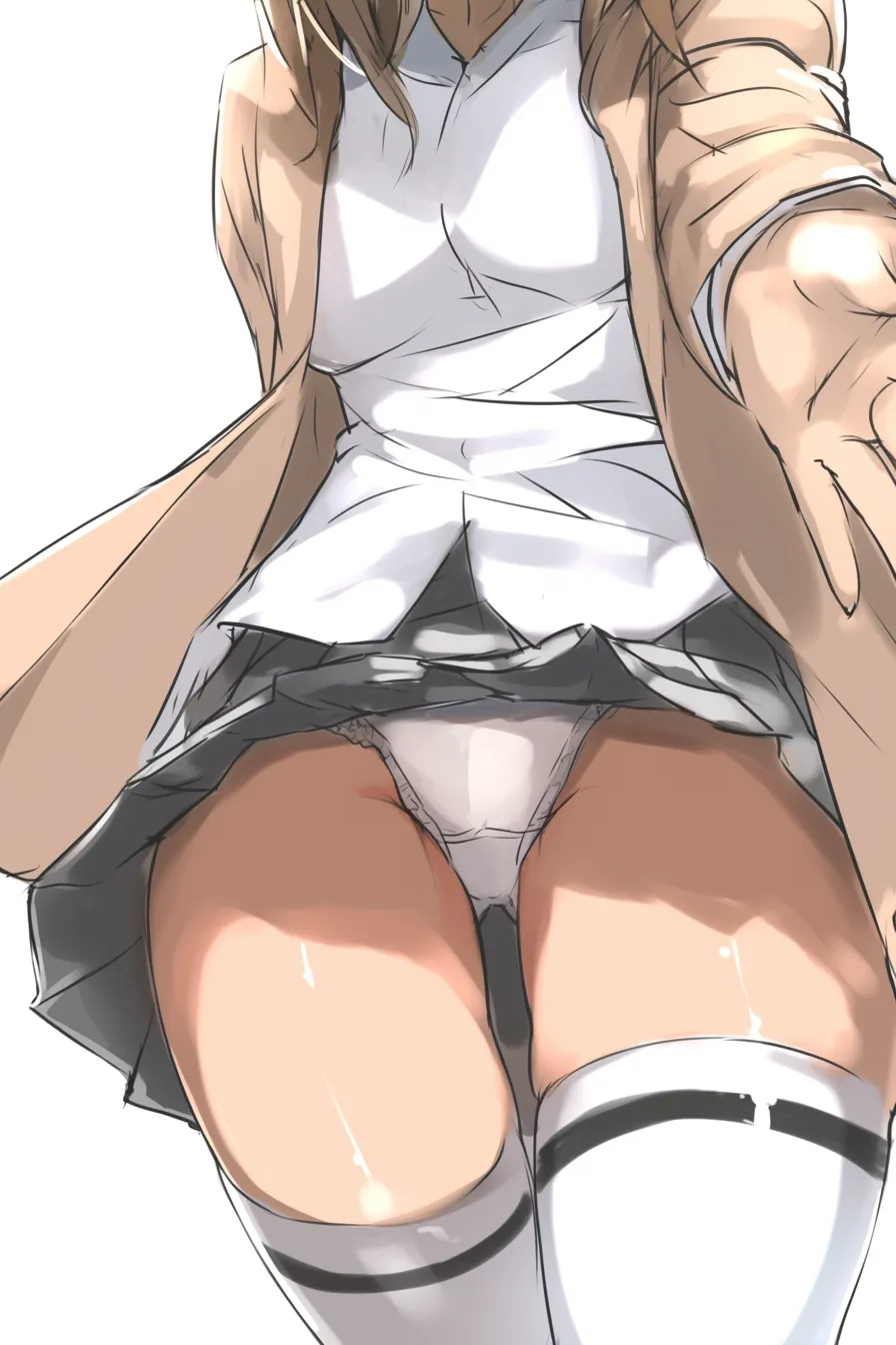 女の子の股見上げ構図｜【基本構造】下からのアングルで脚の付け根を大きく描き方に組み込み、スカートの広がりと股の境界を明確にしています。手前に差し伸べられた腕が遠近感を強調します。<br>【演出の方向性】やや挑発的な見上げ構図により、親近感と緊張感を同時に与える表現で、キャラクターの積極性や距離感の近さを演出しています。<br>