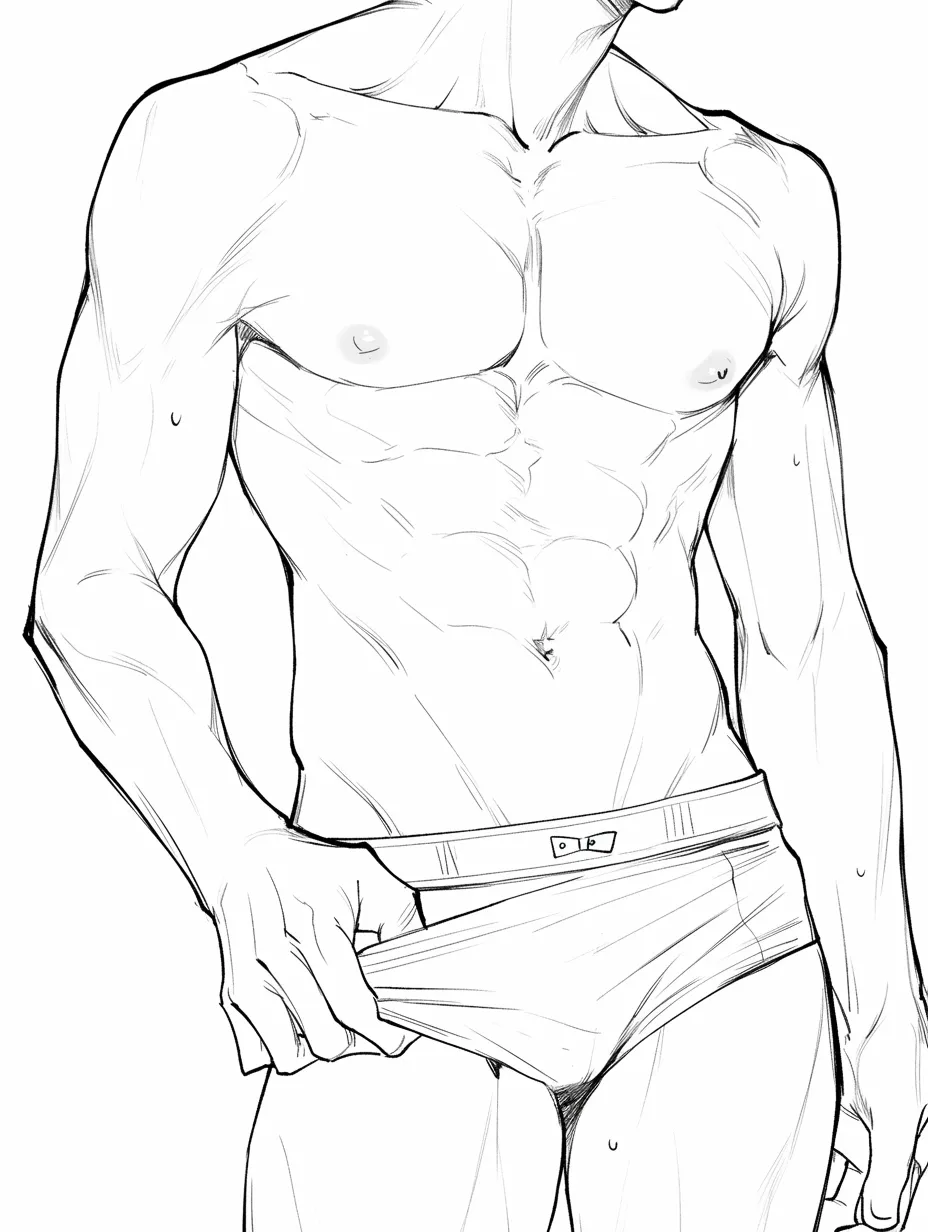 男の股を引っ張る仕草｜【基本構造】下腹部から太ももにかけての筋肉を描き方に反映し、股布を引っ張る手の動きでシワの方向性を示しています。<br>【演出の方向性】布を引く行為により、やや挑発的なニュアンスを生み、観る側に注意を向けさせる仕掛けとなっています。<br>