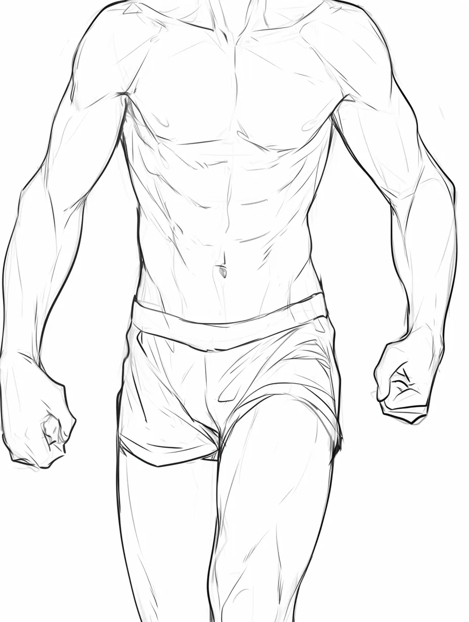 男の股と前傾ポーズ｜【基本構造】体を前に踏み出す姿勢を描き方として組み込み、股から太ももにかけての力強い流れを示しています。握られた拳が緊張感を補います。<br>【演出の方向性】動き出す直前のような躍動感を持たせ、緊迫したシーンや決意の強さを演出できます。<br>