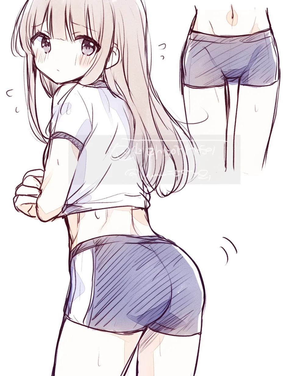 女の子のお尻スポーツ感｜【基本構造】体操服と短パンの組み合わせを描き方に取り入れ、腰から太ももまでの張りをシンプルに表現しています。軽い前傾姿勢がリズムを生みます。<br>【演出の方向性】スポーティーな装いと軽やかな線で、健康的で元気な印象を強調しています。<br>