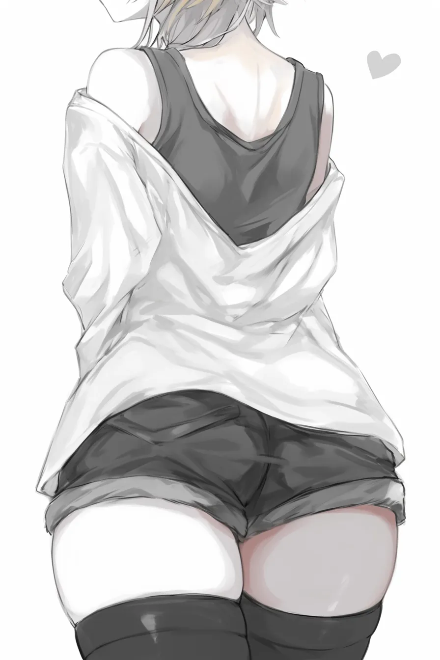 女の子のお尻カジュアル｜【基本構造】シャツを羽織り、短いパンツと太ももを強調する描き方で、腰の高さを際立たせています。背中からお尻にかけての逆三角形の流れが特徴です。<br>【演出の方向性】ルーズな服装と後ろ姿が合わさり、日常的でリラックスした印象を与えています。<br>
