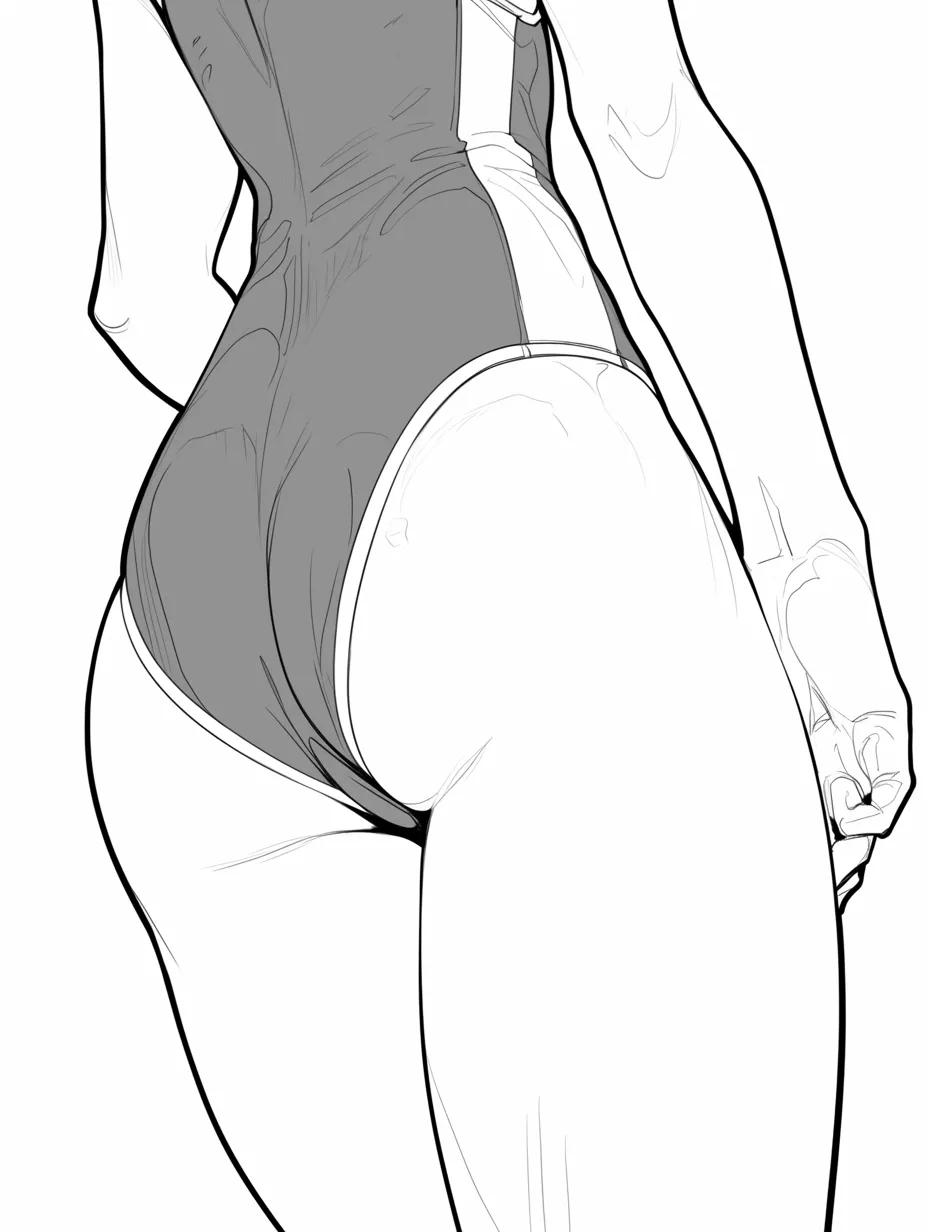 女の子のお尻ぴったりライン｜【基本構造】競泳水着のように体に密着した衣装を描き方として採用し、腰から太ももまでの流れをくっきり表現しています。<br>【演出の方向性】ラインを際立たせることで引き締まった印象を与え、スポーティーかつセクシーな雰囲気を両立させています。<br>