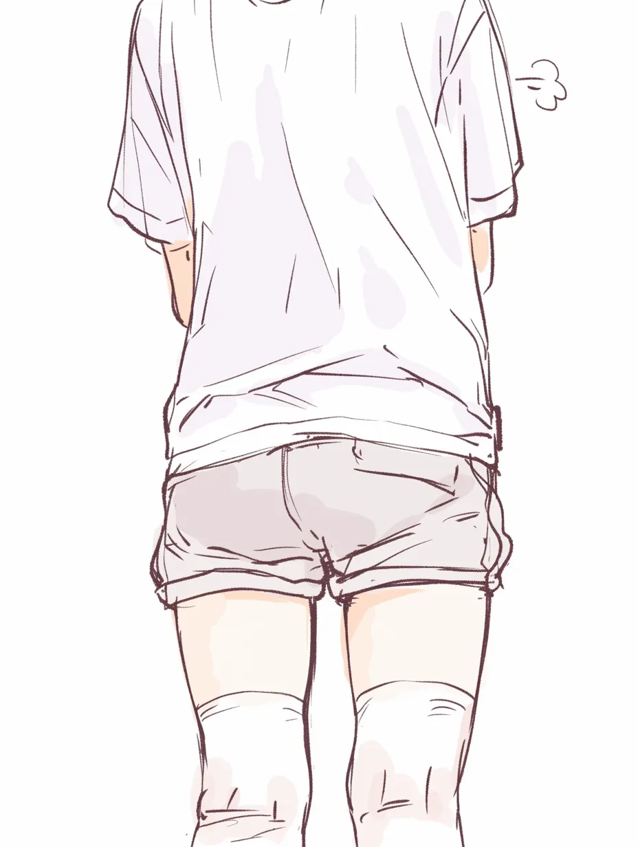 女の子のお尻後ろ姿｜【基本構造】ややゆったりとしたTシャツと短パンの組み合わせを描き方として採用し、腰からお尻への自然な丸みをシンプルな線で表しています。脚の付け根を膝上まで描くことで全体のバランスが安定しています。<br>【演出の方向性】スポーティーで無邪気な印象を与えつつ、控えめなお尻の強調によって可愛らしさと健康的な魅力を演出しています。<br>