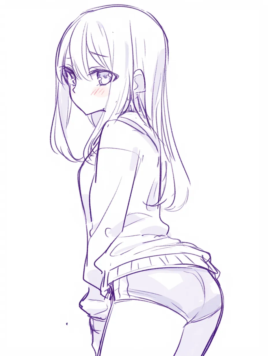 女の子のお尻振り返り｜【基本構造】腰をひねって顔を振り返らせる描き方で、背中からお尻までのラインが自然に強調されています。タイトなショートパンツによって曲線が際立っています。<br>【演出の方向性】振り向きの視線と頬の赤らみが合わさり、少し照れながらも親近感を与える愛嬌ある表現になっています。<br>