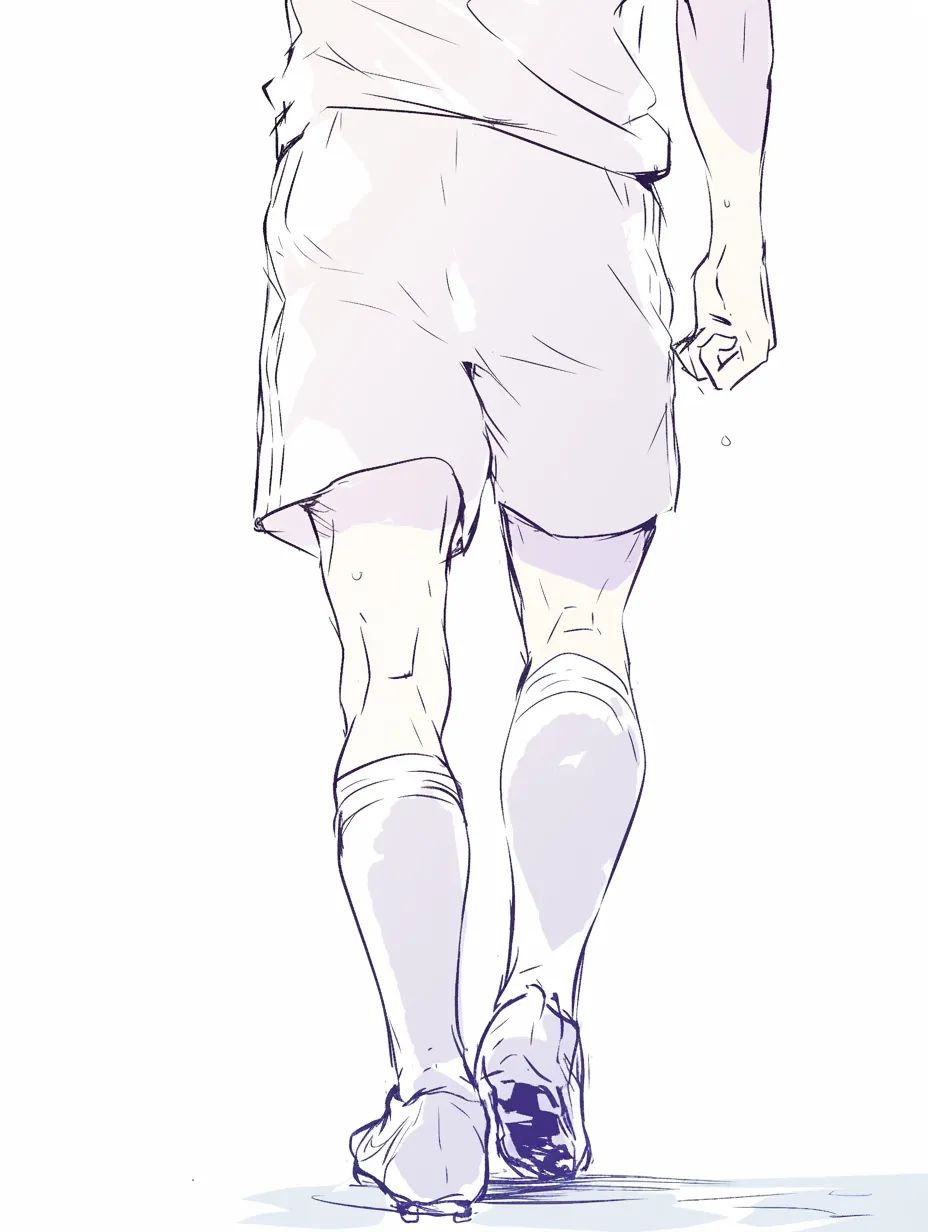 男のお尻スポーツ感｜【基本構造】短パンとソックスを組み合わせた描き方で、腰から太ももへ流れるシンプルな後ろ姿を構築しています。足の動きが全体のリズムを作っています。<br>【演出の方向性】運動後の余韻を想起させる汗や姿勢で、爽やかで活動的な印象を与えています。<br>