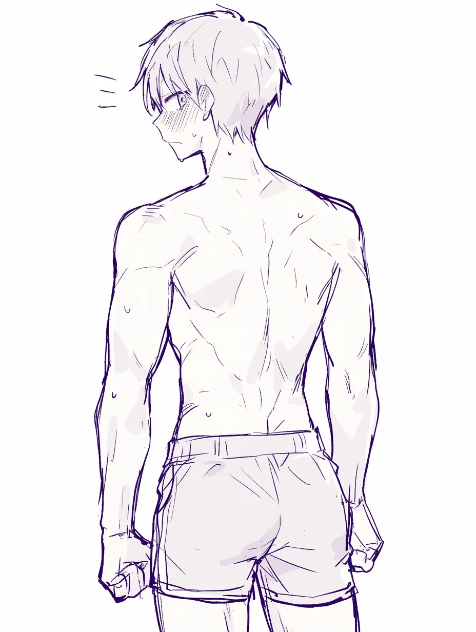 男のお尻振り返り｜【基本構造】上半身をひねって振り返る描き方で、背中から腰、お尻のラインを自然に浮き立たせています。拳を握る動きが緊張感を補います。<br>【演出の方向性】赤面と振り返りが合わさり、照れと意識の高まりを感じさせる演出になっています。<br>