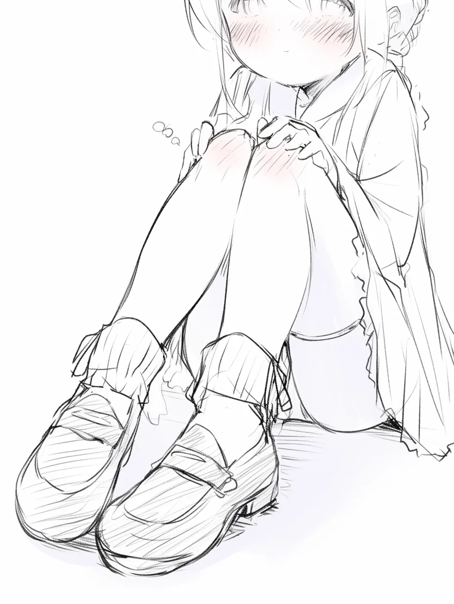 女の子足＋靴｜【基本構造】女の子が膝を抱えた座り姿に、靴を履いた足を組み合わせる描き方。足首や靴下の皺で柔らかさを補足。<br>【演出の方向性】小物（靴や靴下）でキャラ性を強め、可愛らしく生活感のある印象。<br>