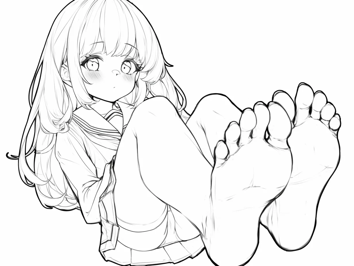 女の子足裏アップ｜【基本構造】カメラに向けて足裏を突き出す構図。指の開きや皺を丁寧に描写。<br>【演出の方向性】無防備さと可愛らしさを強調し、少しコミカルで愛嬌のある演出。<br>