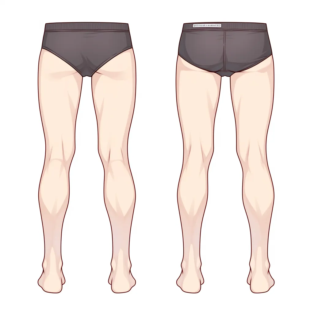 男の足ライン画｜【基本構造】下着姿で足の前後を比較する構図。筋肉の張りや骨格を線画で明確に描写。<br>【演出の方向性】デッサン的で、資料としての機能性を高めたニュートラルな表現。<br>