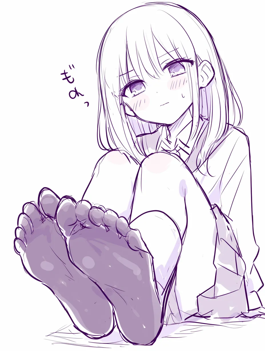 女の子足裏アップ｜【基本構造】女の子が膝を抱え、足裏を正面に突き出す描き方。指の曲がりや皺を強調し、遠近法で迫力を出しています。<br>【演出の方向性】無防備な足裏と照れた表情を組み合わせ、可愛らしさと親しみを前面に出した演出。<br>