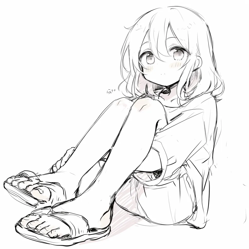 サンダル足｜【基本構造】女の子が膝を抱え、サンダルを履いた足を前に見せる描き方。足指の動きと履物の重なりを描写。<br>【演出の方向性】サンダルで抜け感を演出し、夏らしい爽やかさや日常感を添える。<br>