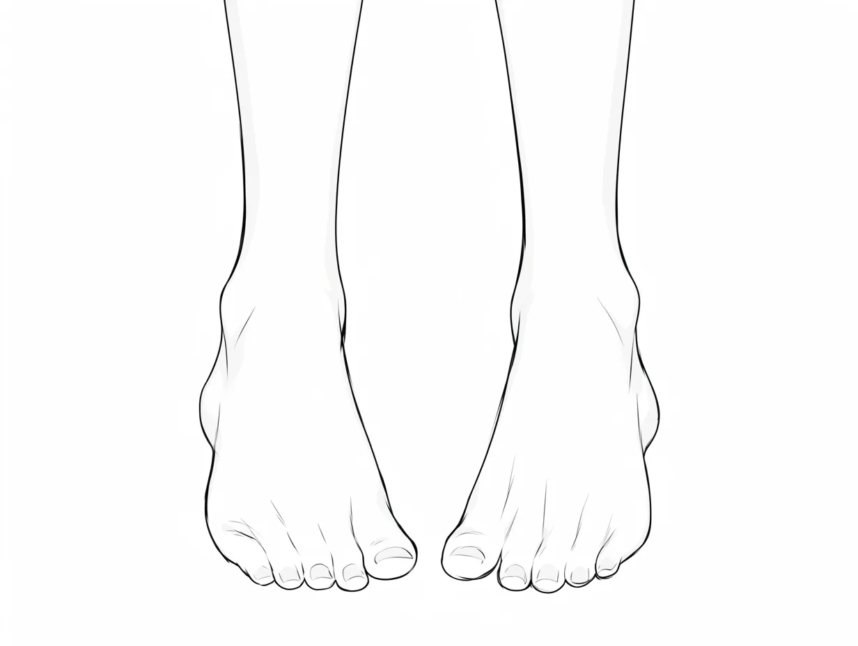 正面素足アップ｜【基本構造】足を正面に向けて描く構図。指の長さや爪の形を明確に整理した描き方。<br>【演出の方向性】観察的で中立的な印象を与え、資料性を強調する表現。<br>